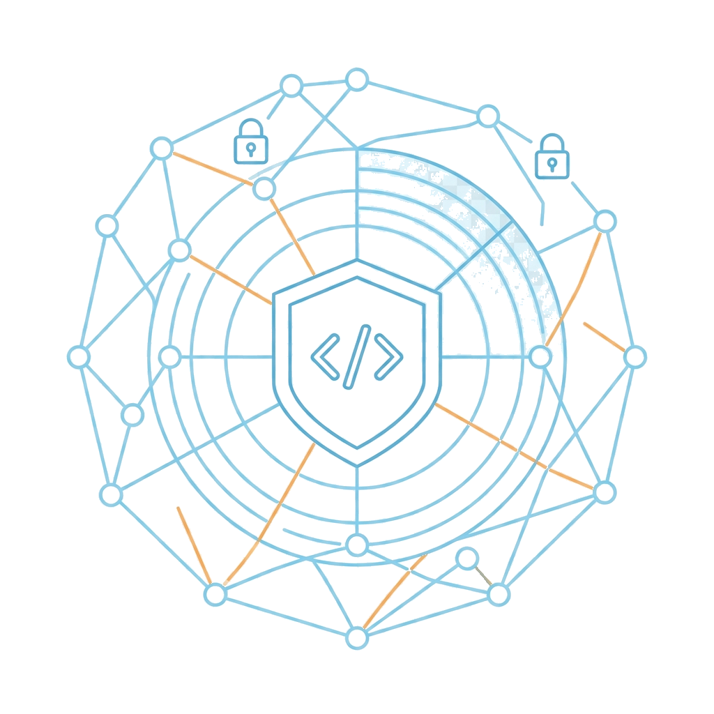 Outline illustration of an API security shield inside a mesh of connected service nodes